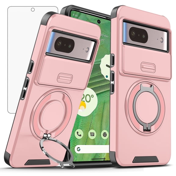 Asuwish Compatible with Google Pixel 7 5G Phone Case Slide Camera Cover Tempered Glass Screen Protector Stand Ring Holder Rugged Slim Cell for Pixel7 Pixle Seven 6.3 Women Men Pink