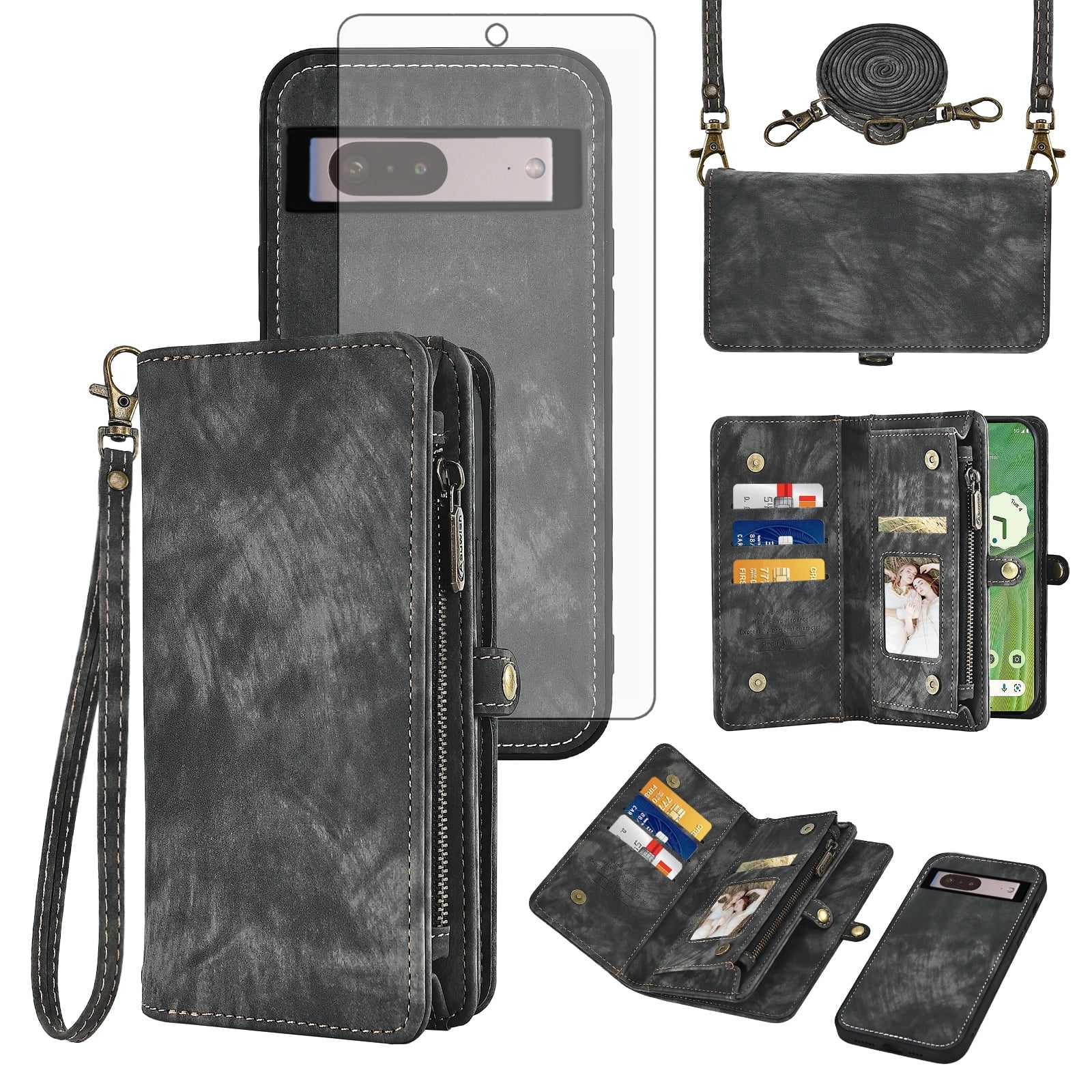 Asuwish Compatible with Google Pixel 7 5G Phone Case Zipper Wallet Detachable Tempered Glass Screen Protector Crossbody Strap Flip Card Holder Cell Cover for Pixel7 Pixle Seven 6.3 Women Girls Black