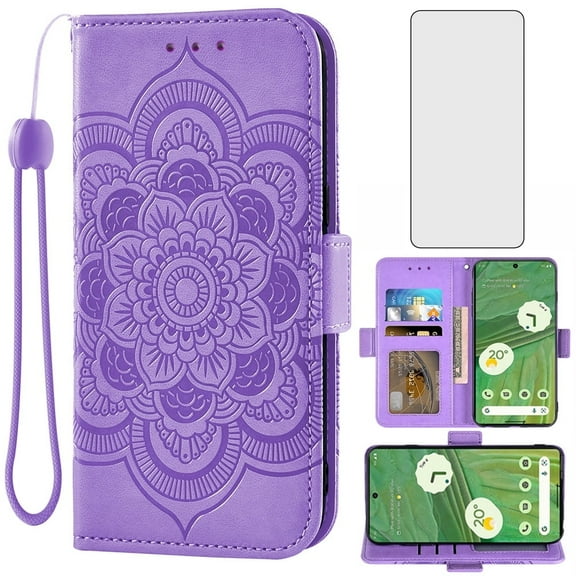 Asuwish Compatible with Google Pixel 7 5G Wallet Case Lanyard Leather Flip Card Holder Stand Wrist Strap Cell Phone Cover for Pixel7 Pixle Seven 6.3 Women Men Purple