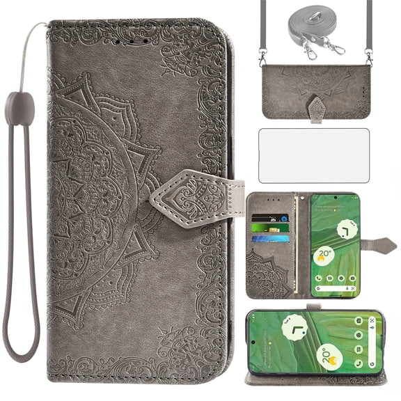 Asuwish Screen Protector Included Mandala Flower Hard Shell Wallet Cell Phone Case with Tempered Glass Screen Protector for Google Pixel 7, Gray