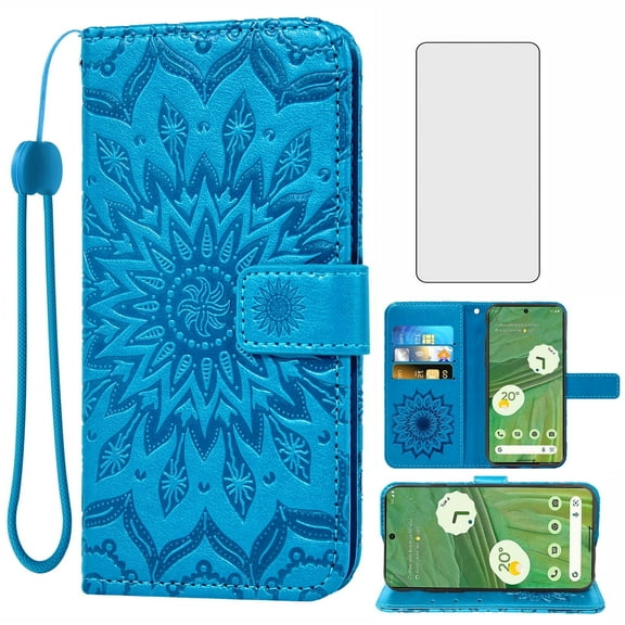 Asuwish Compatible with Google Pixel 7 5G Wallet Phone Case and Tempered Glass Screen Protector Flip Credit Card Holder Stand Mandala Flower Cell Cover for Pixel7 Pixle Seven 6.3 Women Men Blue