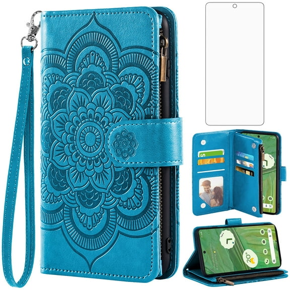 Asuwish Compatible with Google Pixel 7 5G Wallet Phone Case and Tempered Glass Screen Protector Flower Faux Leather Flip Credit Card Holder Stand Zipper Cell Cover for Pixel7 Pixle Seven Women Blue