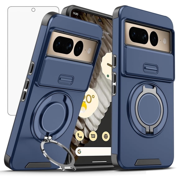 Asuwish Compatible with Google Pixel 7 Pro 5G Phone Case Slide Camera Cover Tempered Glass Screen Protector Stand Ring Holder Rugged Slim Cell for Pixel7Pro Pixel7 XL Seven 7Pro 6.7 Women Men Blue