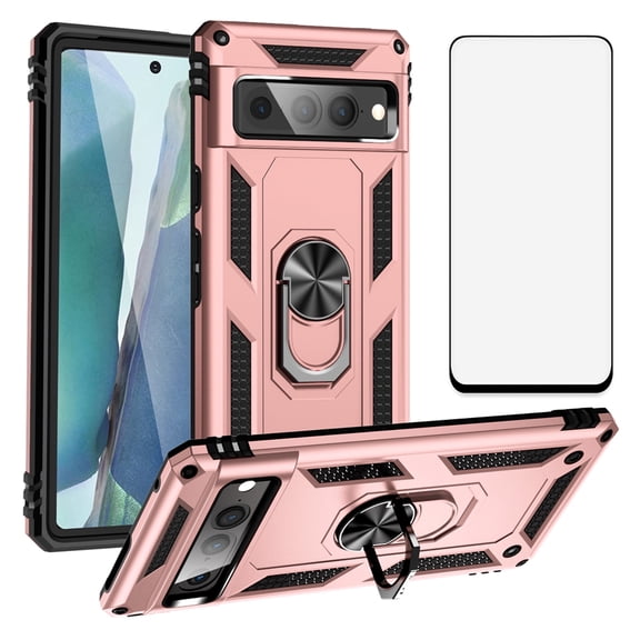 Asuwish Compatible with Google Pixel 7 Pro 5G Phone Case Tempered Glass Screen Protector Slim Magnetic Ring Holder Stand Hybrid Protective Cell Cover for Pixel7Pro Pixel7XL Seven 7Pro Women Men Pink