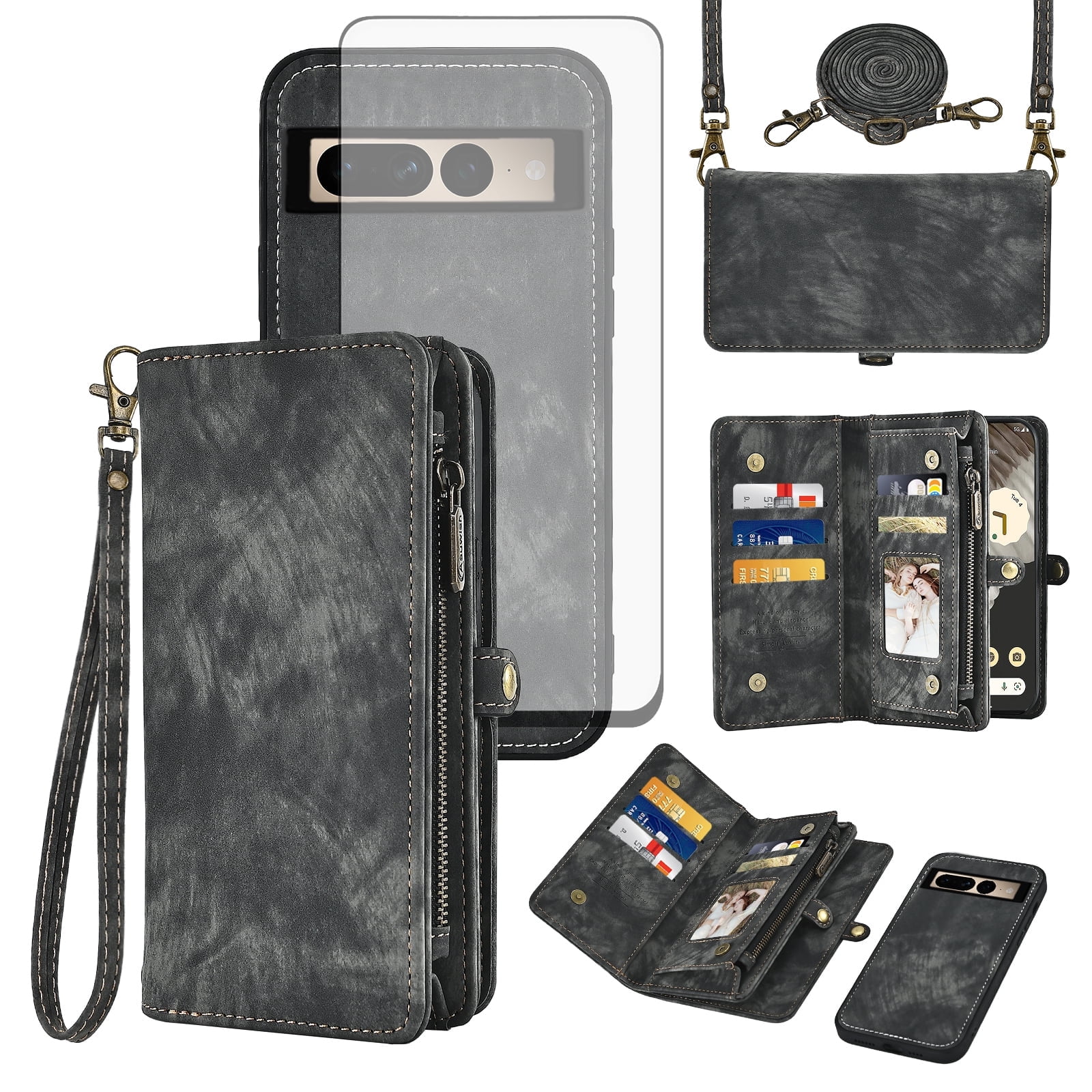 Asuwish Compatible with Google Pixel 7 Pro 5G Phone Case Zipper Wallet Detachable Tempered Glass Screen Protector Strap Flip Card Holder Cell Cover for Pixel7Pro Pixel7 XL Seven 7Pro 6.7 Women Black