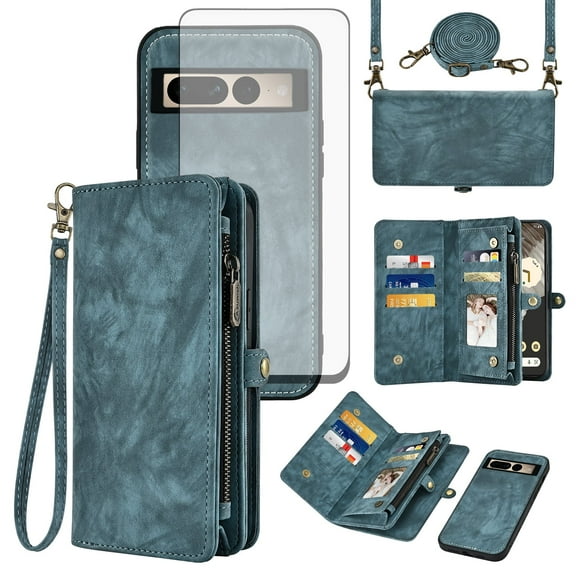 Asuwish Compatible with Google Pixel 7 Pro 5G Phone Case Zipper Wallet Detachable Tempered Glass Screen Protector Strap Flip Card Holder Cell Cover for Pixel7Pro Pixel7 XL Seven 7Pro 6.7 Women Blue