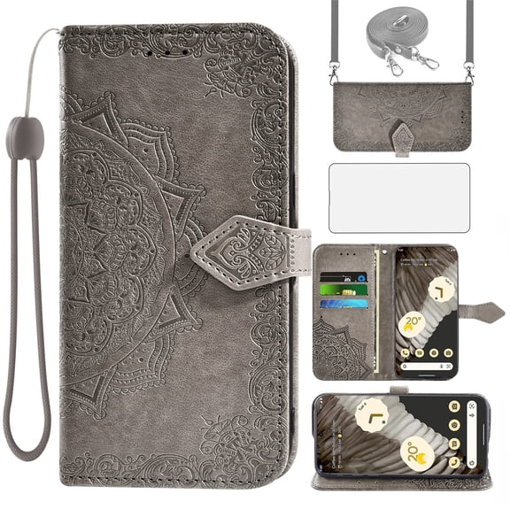 Asuwish Screen Protector Included Mandala Flower Hard Shell Wallet Cell Phone Case with Tempered Glass Screen Protector for Google Pixel 7 Pro, Gray