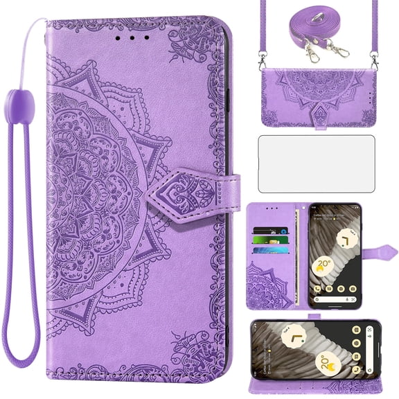 Asuwish Screen Protector Included Mandala Flower Hard Shell Wallet Cell Phone Case with Tempered Glass Screen Protector for Google Pixel 7 Pro, Purple
