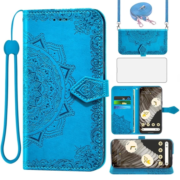 Asuwish Screen Protector Included Mandala Flower Hard Shell Wallet Cell Phone Case with Tempered Glass Screen Protector for Google Pixel 7 Pro, Blue