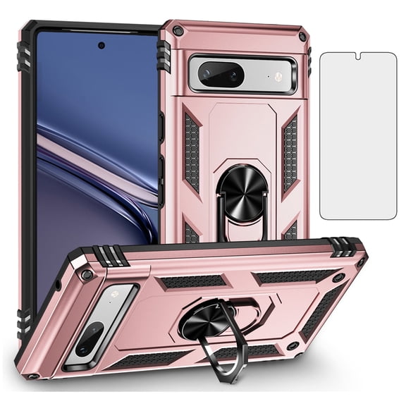 Asuwish Compatible with Google Pixel 7A 5G 2023 Phone Case Tempered Glass Screen Protector Slim Magnetic Ring Holder Stand Hybrid Protective Cell Cover for Pixel7A A7 Women Men Pink