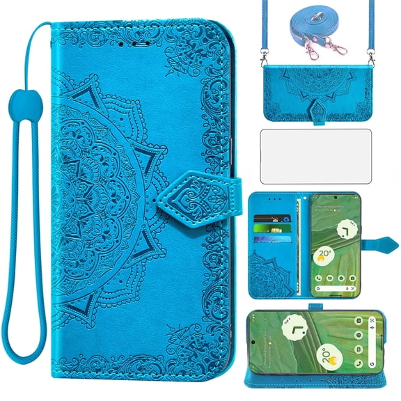 Asuwish Screen Protector Included Mandala Flower Hard Shell Wallet Cell Phone Case with Tempered Glass Screen Protector for Google Pixel 7A, Blue
