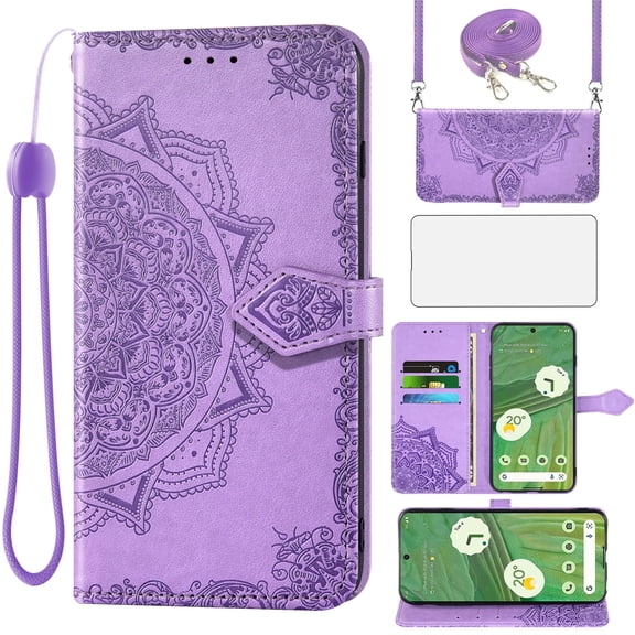 Asuwish Screen Protector Included Mandala Flower Hard Shell Wallet Cell Phone Case with Tempered Glass Screen Protector for Google Pixel 7A, Purple