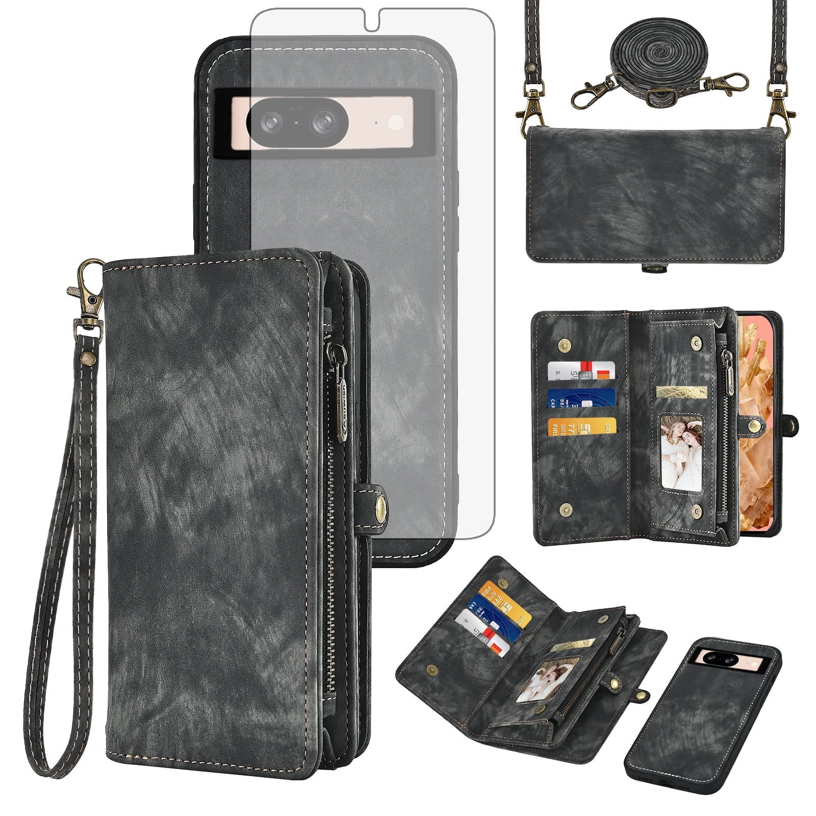 Asuwish Compatible with Google Pixel 8 5G Phone Case Zipper Wallet Detachable Tempered Glass Screen Protector Crossbody Lanyard Strap Flip Card Holder Cell Cover for Pixel8 Eight Women Girls Black
