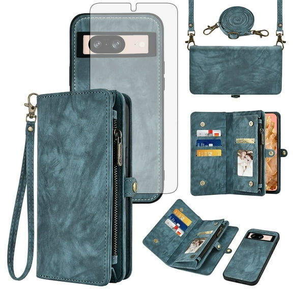 Asuwish Compatible with Google Pixel 8 5G Phone Case Zipper Wallet Detachable Tempered Glass Screen Protector Crossbody Lanyard Strap Flip Card Holder Cell Cover for Pixel8 Eight Women Men Girls Blue