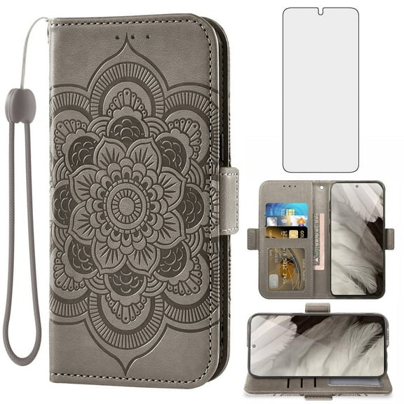 Asuwish Compatible with Google Pixel 8 5G Wallet Case Lanyard Leather Flip Card Holder Stand Wrist Strap Cell Phone Cover for Pixel8 Eight Women Men Gray