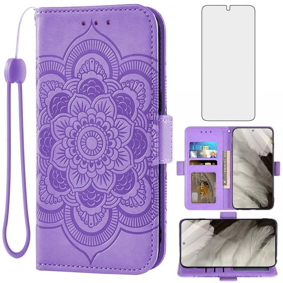 Asuwish Compatible with Google Pixel 8 5G Wallet Case Lanyard Leather Flip Card Holder Stand Wrist Strap Cell Phone Cover for Pixel8 Eight Women Men Purple