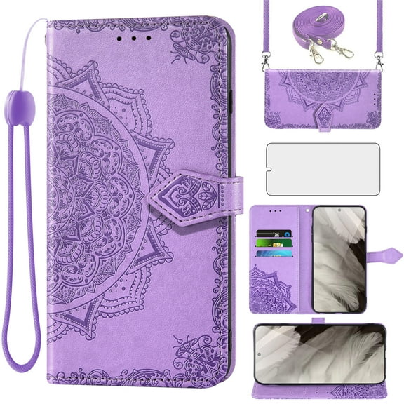 Asuwish Phone Case for Google Pixel 8 5G Wallet Faux PU Cell Cover with Tempered Glass Screen Protector Flip Lanyard Wrist Strap Credit Card Holder Stand Mandala Flower Pixel8 Eight Women Men Purple