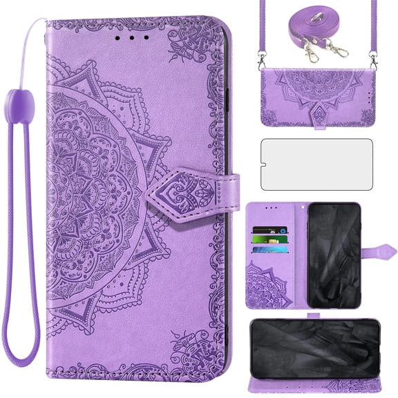 Asuwish Screen Protector Included Mandala Flower Hard Shell Wallet Cell Phone Case with Tempered Glass Screen Protector for Google Pixel 8 Pro, Purple