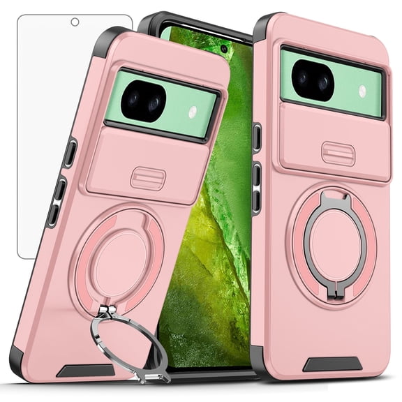 Asuwish Compatible with Google Pixel 8A 5G 2024 Phone Case Slide Camera Cover Tempered Glass Screen Protector Stand Ring Holder Rugged Slim Cell for Pixel8A A8 6.1 inch Women Men Pink