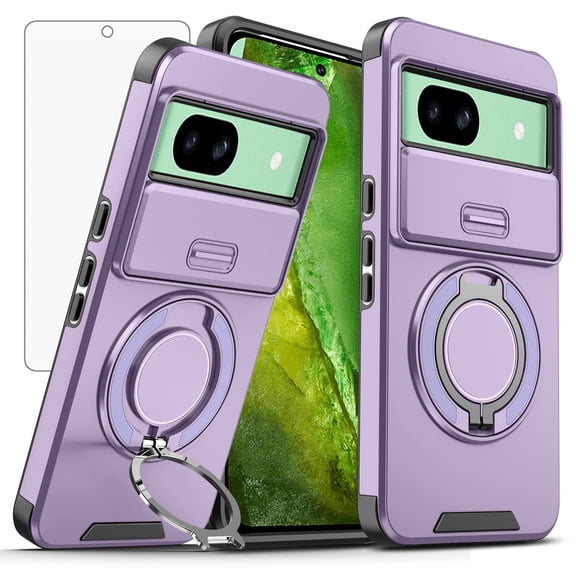 Asuwish Compatible with Google Pixel 8A 5G 2024 Phone Case Slide Camera Cover Tempered Glass Screen Protector Stand Ring Holder Rugged Slim Cell for Pixel8A A8 6.1 inch Women Men Purple