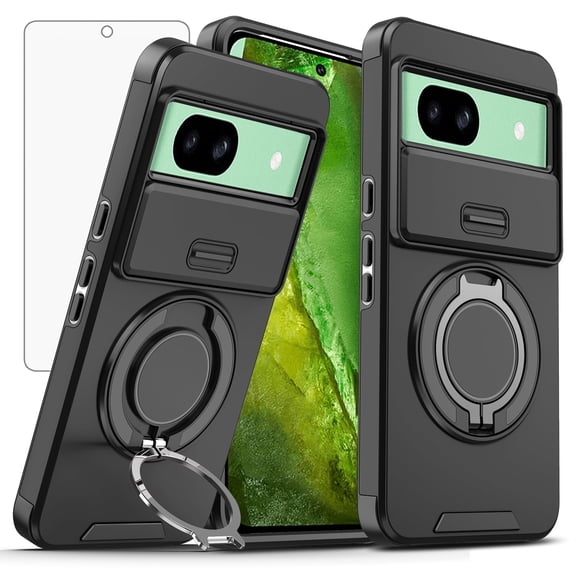 Asuwish Compatible with Google Pixel 8A 5G 2024 Phone Case Slide Camera Cover Tempered Glass Screen Protector Stand Ring Holder Rugged Slim Cell for Pixel8A A8 6.1 inch Women Men Black
