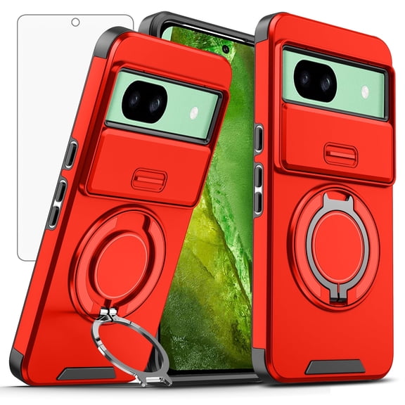 Asuwish Compatible with Google Pixel 8A 5G 2024 Phone Case Slide Camera Cover Tempered Glass Screen Protector Stand Ring Holder Rugged Slim Cell for Pixel8A A8 6.1 inch Women Men Red