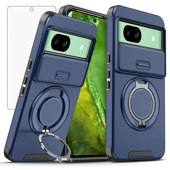 Asuwish Compatible with Google Pixel 8A 5G 2024 Phone Case Slide Camera Cover Tempered Glass Screen Protector Stand Ring Holder Rugged Slim Cell for Pixel8A A8 6.1 inch Women Men Blue