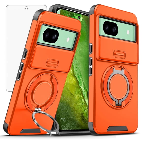 Asuwish Compatible with Google Pixel 8A 5G 2024 Phone Case Slide Camera Cover Tempered Glass Screen Protector Stand Ring Holder Rugged Slim Cell for Pixel8A A8 6.1 inch Women Men Orange