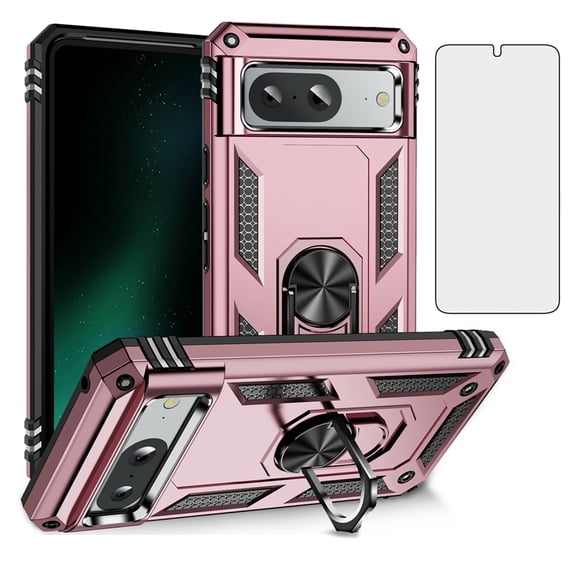 Asuwish Compatible with Google Pixel 8A 5G 2024 Phone Case Tempered Glass Screen Protector Slim Magnetic Ring Holder Stand Hybrid Protective Cell Cover for Pixel8A A8 Women Men Pink