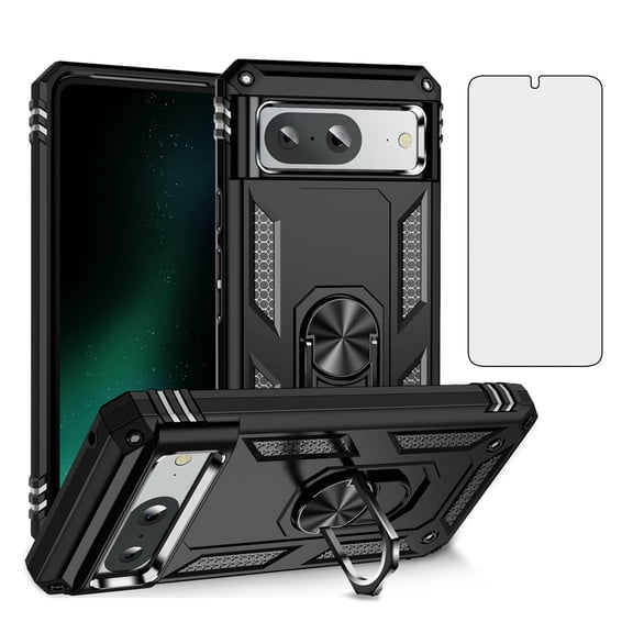Asuwish Compatible with Google Pixel 8A 5G 2024 Phone Case Tempered Glass Screen Protector Slim Magnetic Ring Holder Stand Hybrid Protective Cell Cover for Pixel8A A8 Women Men Black