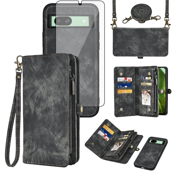 Asuwish Compatible with Google Pixel 8A Phone Case Zipper Wallet Detachable Tempered Glass Screen Protector Crossbody Lanyard Strap Flip Card Holder Cell Cover for Pixel8A A8 5G Women Men Girls Black