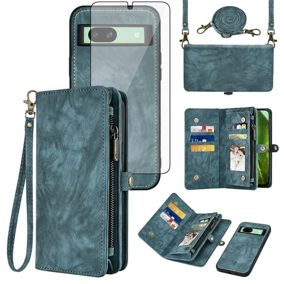 Asuwish Compatible with Google Pixel 8A Phone Case Zipper Wallet Detachable Tempered Glass Screen Protector Crossbody Lanyard Strap Flip Card Holder Slot Cell Cover for Pixel8A A8 5G Women Girls Blue