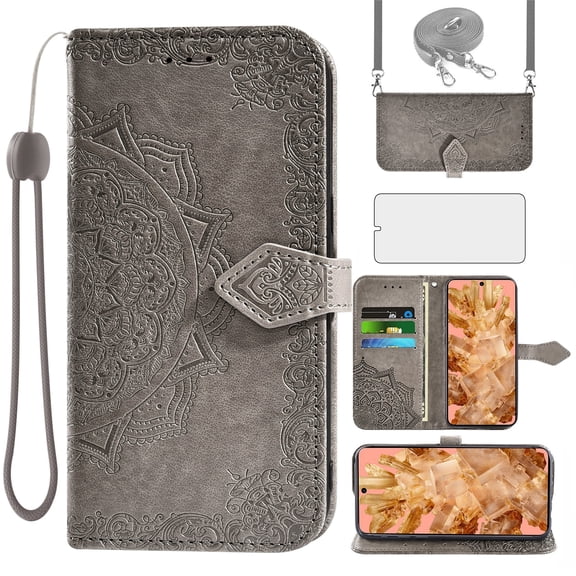 Asuwish Screen Protector Included Mandala Flower Hard Shell Wallet Cell Phone Case with Tempered Glass Screen Protector for Google Pixel 8A, Gray