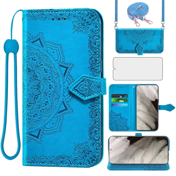 Asuwish Screen Protector Included Mandala Flower Hard Shell Wallet Cell Phone Case with Tempered Glass Screen Protector for Google Pixel 8A, Blue