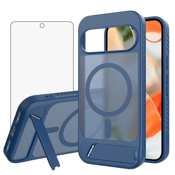 Asuwish Compatible with Google Pixel 9/10/9 Pro/10 Pro 5G Phone Case Tempered Glass Screen Protector Magnetic Translucent Back Folding Stand Shockproof Protective Cover for Pixel9/10 Women Men Blue