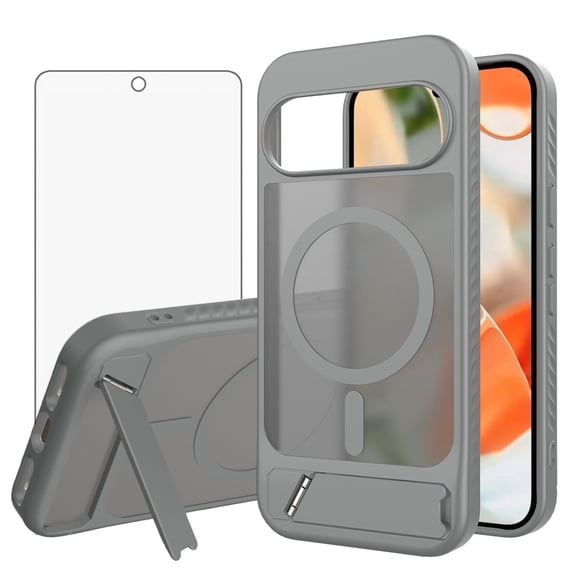 Asuwish Compatible with Google Pixel 9/10/9 Pro/10 Pro 5G Phone Case Tempered Glass Screen Protector Magnetic Translucent Back Folding Stand Shockproof Protective Cover for Pixel9/10 Women Men Grey
