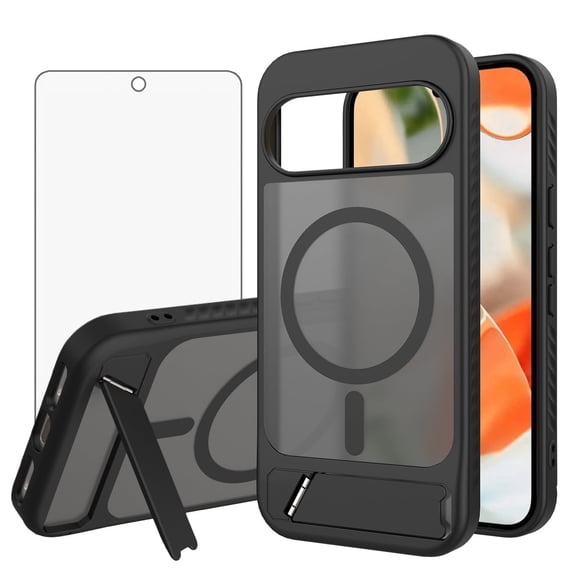 Asuwish Compatible with Google Pixel 9/10/9 Pro/10 Pro 5G Phone Case Tempered Glass Screen Protector Magnetic Translucent Back Folding Stand Shockproof Protective Cover for Pixel9/10 Women Men Black