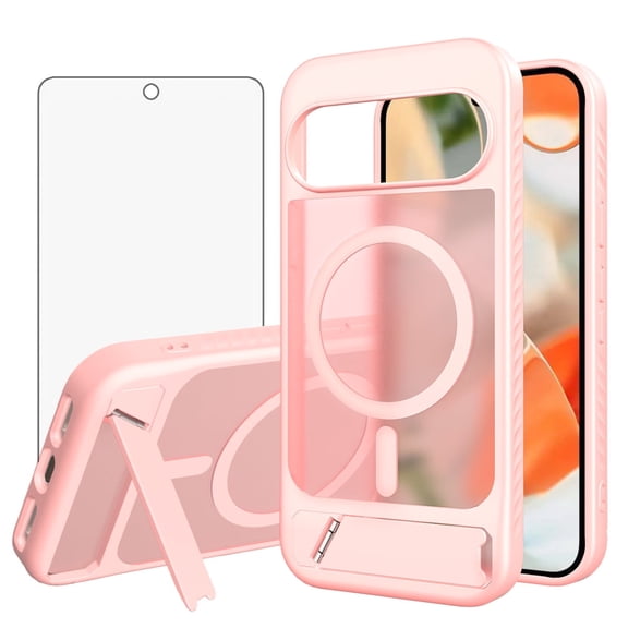 Asuwish Compatible with Google Pixel 9/10/9 Pro/10 Pro 5G Phone Case Tempered Glass Screen Protector Magnetic Translucent Back Folding Stand Shockproof Protective Cover for Pixel9/10 Women Men Pink