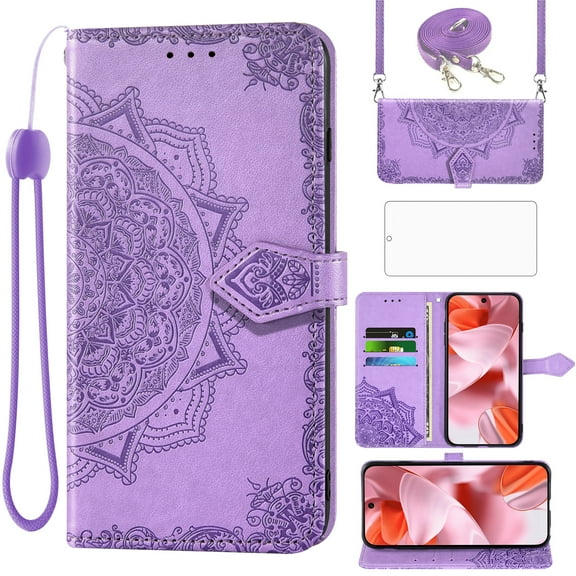 Asuwish Phone Case for Google Pixel 9/9 Pro 5G Wallet Cell Cover with Tempered Glass Screen Protector Flip Lanyard Wrist Strap Credit Card Holder Stand Mandala Flower Pixel9 9Pro Nine Women Purple