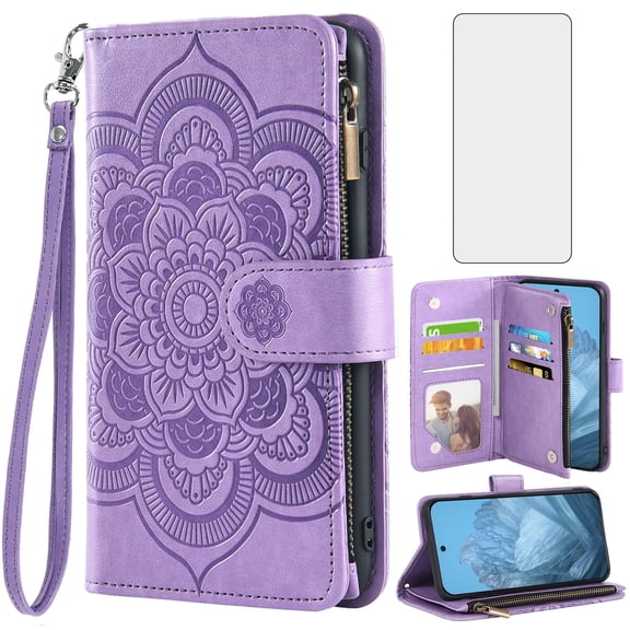 Asuwish Compatible with Google Pixel 9/Pixel 9 Pro Wallet Phone Case and Tempered Glass Screen Protector Flower Faux Leather Flip Credit Card Holder Stand Zipper Cell Cover for Pixel9 9P Women Purple