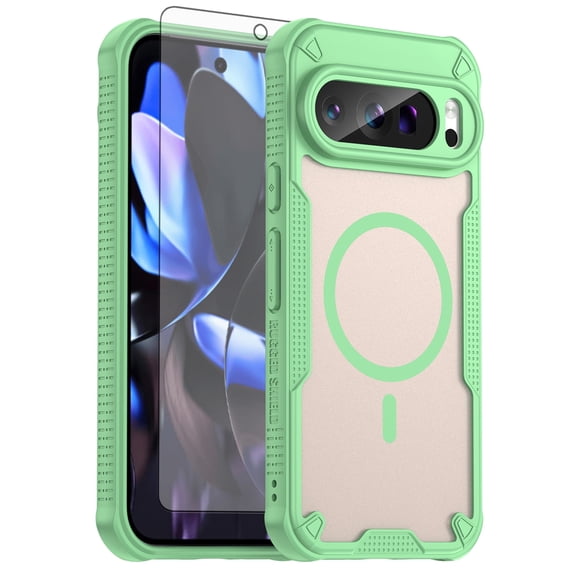 Asuwish Compatible with Google Pixel 9 Pro 5G Phone Case Tempered Glass Screen Protector Slim Magnetic Translucent Matte Back Shockproof Hybrid Protective Cell Cover for Pixel9Pro Women Men Green