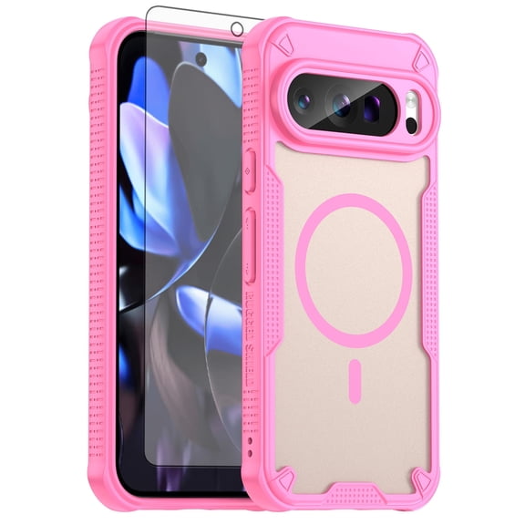 Asuwish Compatible with Google Pixel 9 Pro 5G Phone Case Tempered Glass Screen Protector Slim Magnetic Translucent Matte Back Shockproof Hybrid Protective Cell Cover for Pixel9Pro Nine Women Men Pink