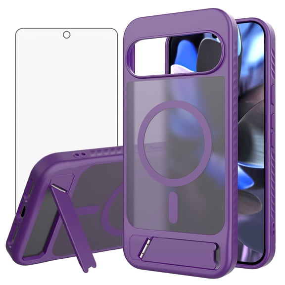 Asuwish Compatible with Google Pixel 9 Pro XL/10 Pro XL Phone Case Tempered Glass Screen Protector Magnetic Translucent Back Folding Stand Shockproof Protective Cover for Pixel9ProXL Women Men Purple