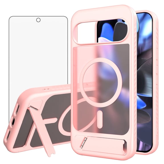 Asuwish Compatible with Google Pixel 9 Pro XL/10 Pro XL Phone Case Tempered Glass Screen Protector Magnetic Translucent Back Folding Stand Shockproof Protective Cover for Pixel9ProXL Women Men Pink