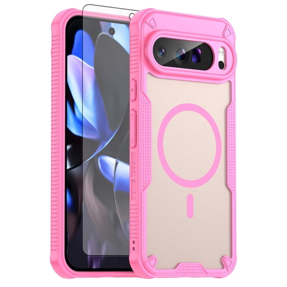 Asuwish Compatible with Google Pixel 9 Pro XL Phone Case Tempered Glass Screen Protector Slim Magnetic Translucent Matte Back Shockproof Hybrid Protective Cover for Pixel9Pro 9ProXL Women Men Pink