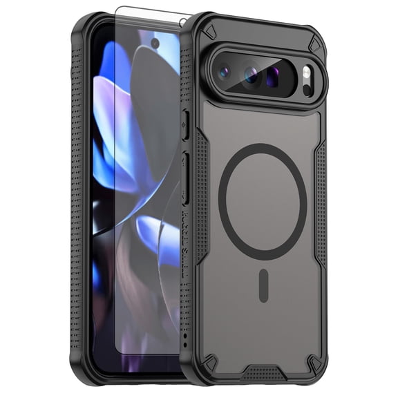 Asuwish Compatible with Google Pixel 9 Pro XL Phone Case Tempered Glass Screen Protector Slim Magnetic Translucent Matte Back Shockproof Hybrid Protective Cover for Pixel9Pro 9ProXL Women Men Black