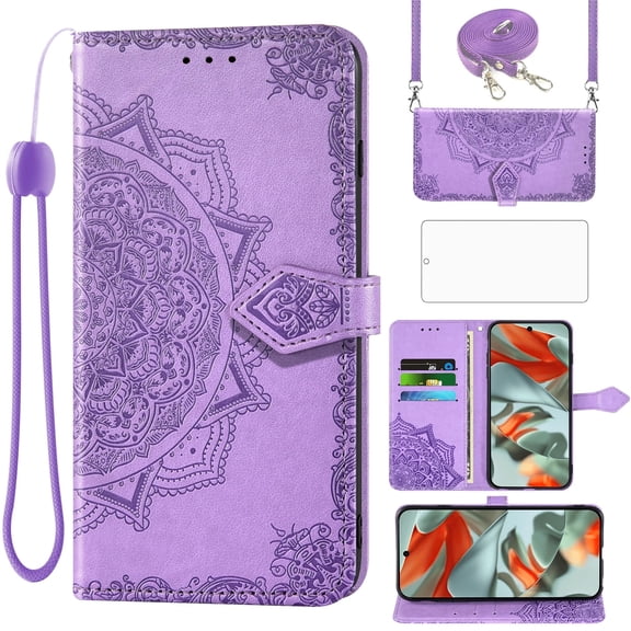 Asuwish Screen Protector Included Mandala Flower Hard Shell Wallet Cell Phone Case with Tempered Glass Screen Protector for Google Pixel 9 Pro XL, Purple