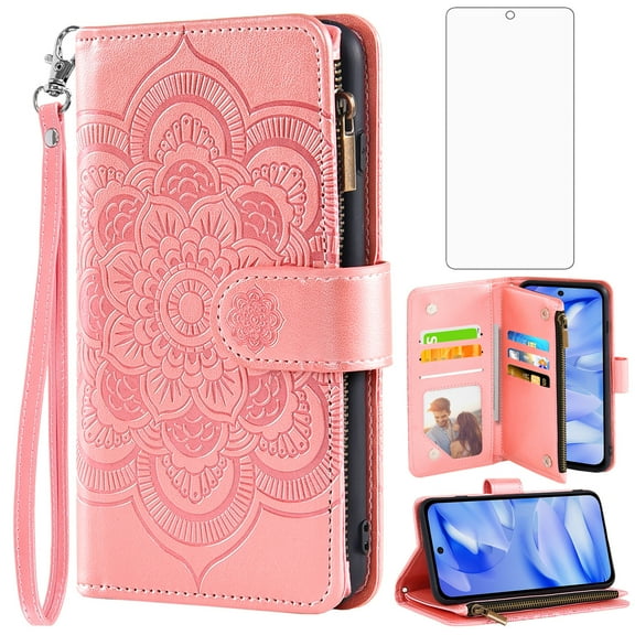 Asuwish Compatible with Google Pixel 9A 5G 2025 Wallet Phone Case and Tempered Glass Screen Protector Flower Faux Leather Flip Credit Card Holder Stand Zipper Cell Cover for Pixel9A A9 Women Pink