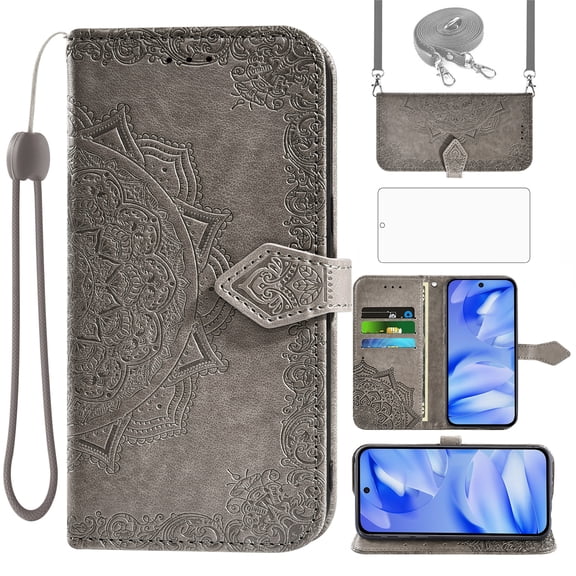 Asuwish Phone Case for Google Pixel 9A Wallet Accessories Cell Cover with Tempered Glass Screen Protector Flip Lanyard Wrist Strap Credit Card Holder Stand Mandala Flower Pixel9A A9 5G Women Men Grey