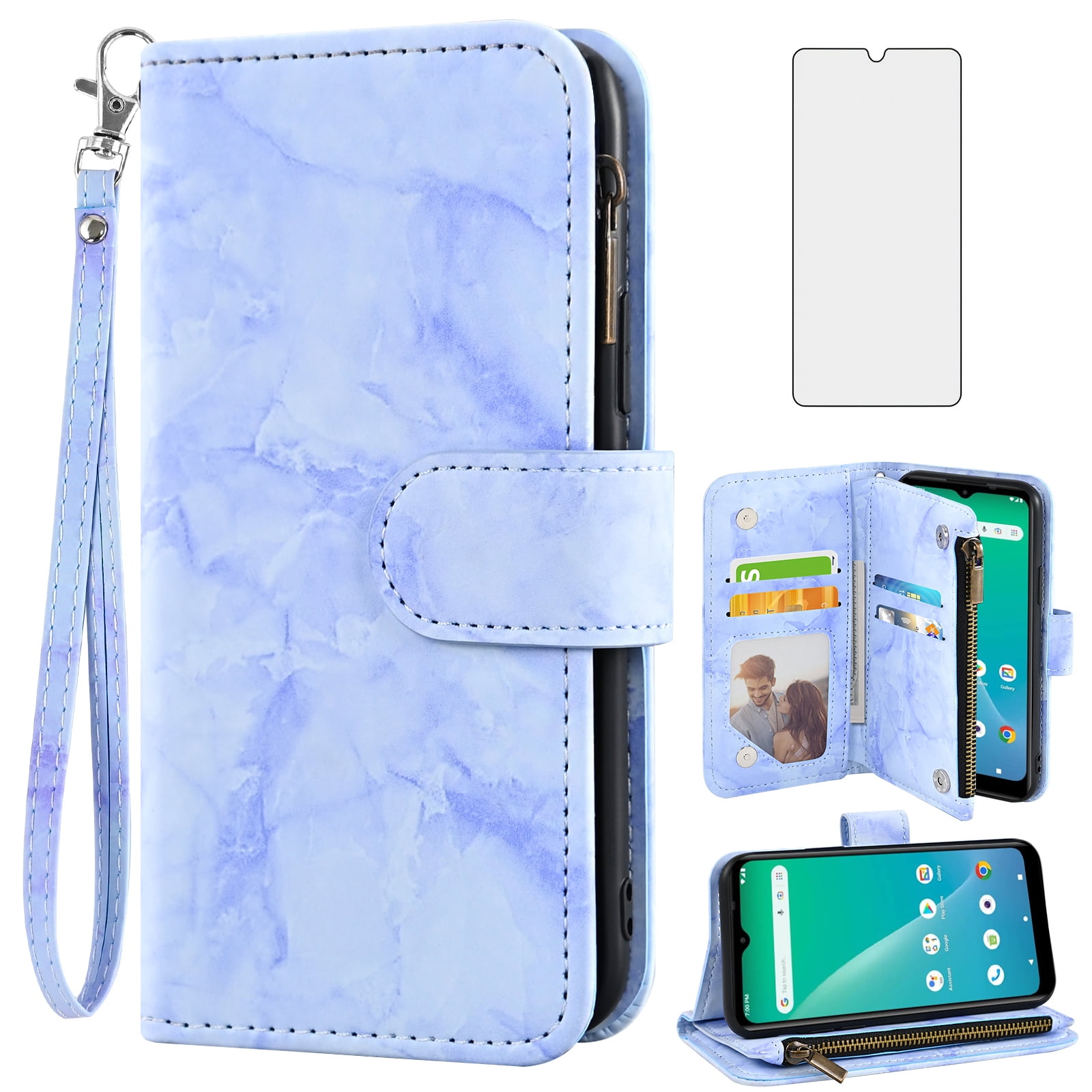 Asuwish Compatible with Hot Pepper Chilaca Wallet Phone Case Tempered Glass Screen Protector Marble Faux Leather Flip Credit Card Holder Stand Zipper Cell Cover for HPPL60A HPP-L60A 6.5 Women Blue
